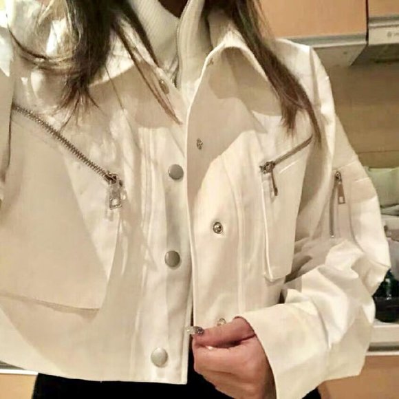 Double Layer High Neck Cropped White Zipper Detail Jacket - Picture 3 of 3